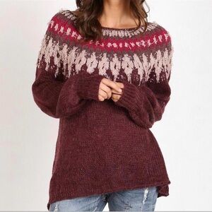 Free People Brown and Red Crew Neck Sweater with Nordic Pattern
